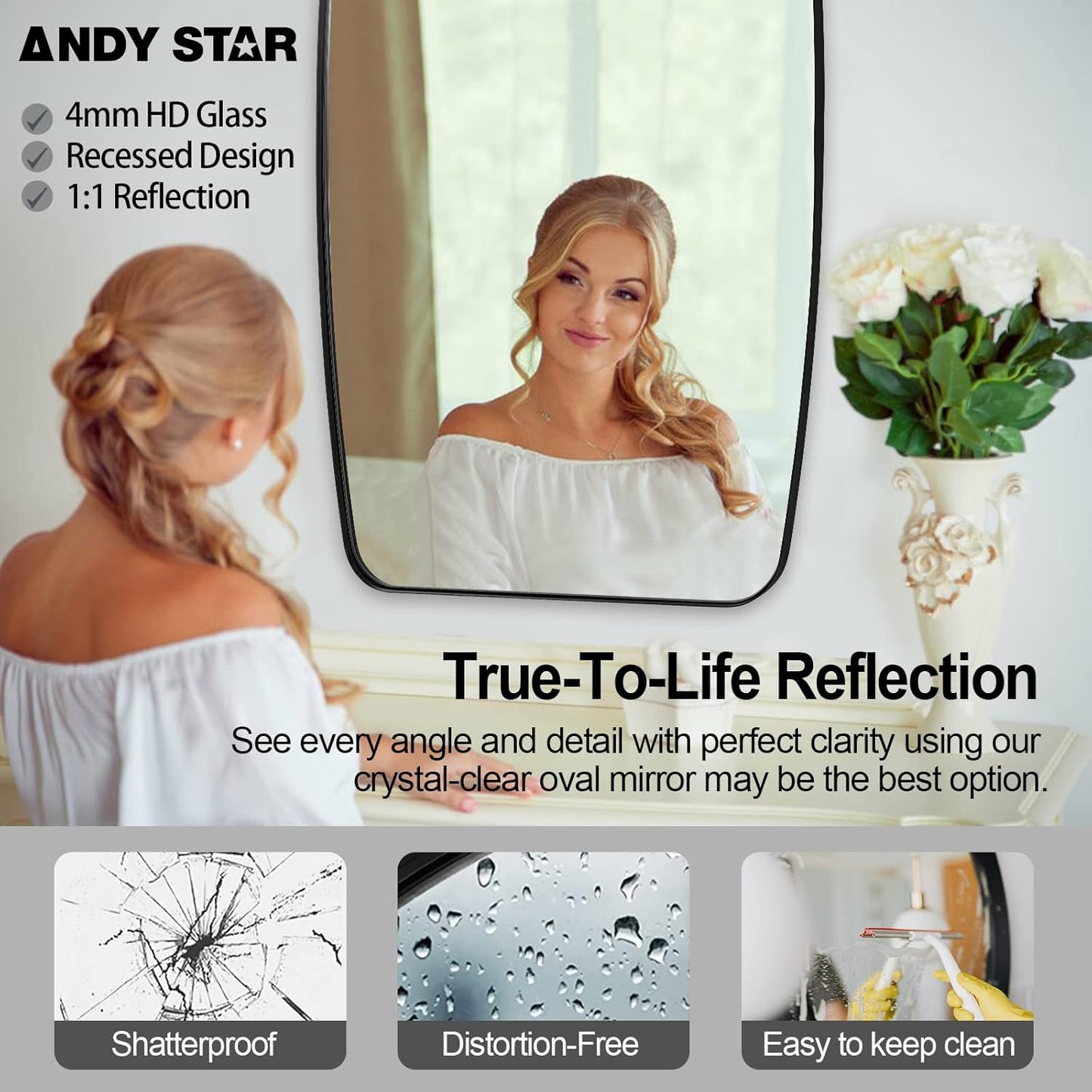 ANDY STAR Black Oblong Mirror, 36x48 Inch Black Oval Mirror for Bathroom with Stainless Steel Metal Frame, Wall Mouned for Bathroom, Living Room, Entryway