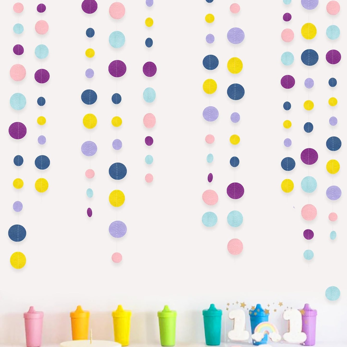 Oh Happy Day Decorations Navy Blue Yellow Purple Pink Boho Felt Circle Dot Garland Hanging Polka Dot Streamer for Classrooms Preschool Everyone is Welcome Homeschool Nursery Birthday Baby Shower Decor