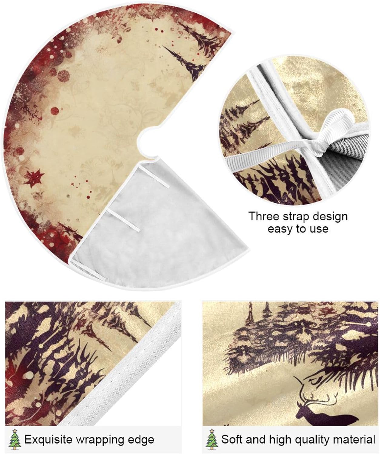 Vintage Red Elk Christmas Tree Skirt - 48 Inch Xmas Tree Mat for New Year Party Decorations