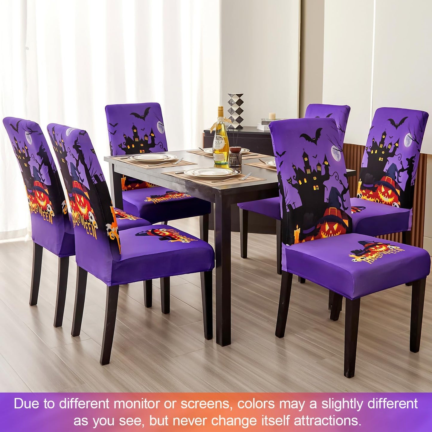 JQinHome Purple Halloween Chair Slipcover, Castle Chair Covers Set of 4, High Stretch Washable Chair Protector Cover for Dining Room, Kitchen,Home Party,Wedding Ceremony(Purple,4PC)