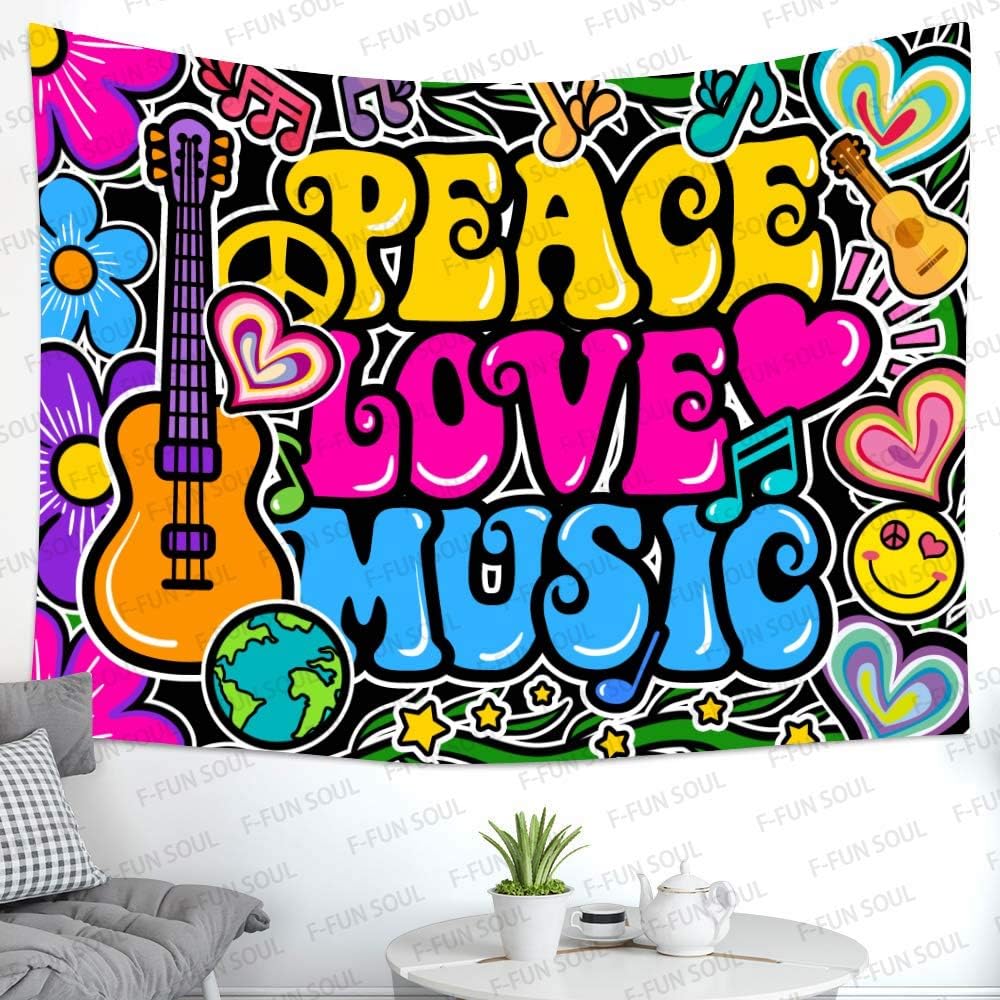 F-FUN SOUL Peace Love and Music Tapestry, 80x60inches Soft Flannel, Guitar Symbol Dove Flowers Psychedelic Art Tapestries Wall Hanging for Bedroom Living Room Decor Banner