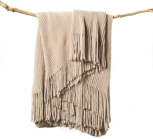 lifein Throw Blanket for Couch, Soft Boho Decor Bed Throw,Cozy Beige Knitted Chenille Small Farmhouse Lightweight Throw for Spring(Beige,50 * 60")