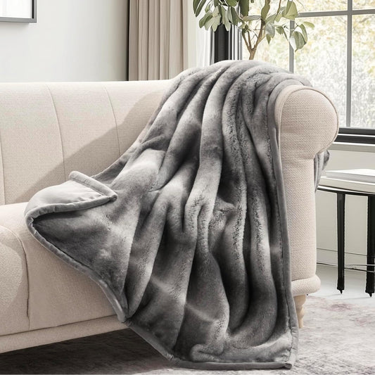 Ultra Soft Luxury Fluffy Mink Faux Fur Throw Blanket, Thick Warm Fall Winter Blankets for Bed, Couch, Cozy Plush Reversible Blanket for Chair, Sofa (Ombré Silver Onyx, 50"x60")