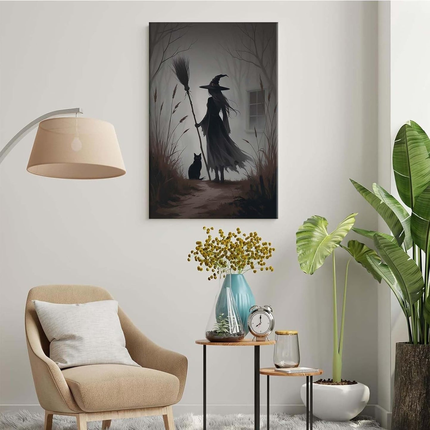 JFHCQJPK Vintage forest witch and black cat poster Halloween mural poster decoration mural art magic suitable for home living room bedroom28x40in Frameless