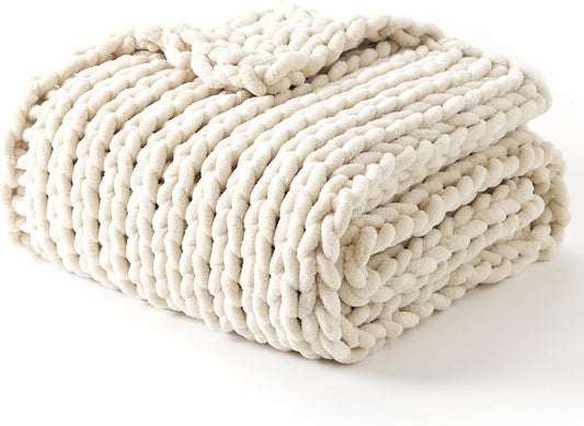 YnM Chunky Throw Blanket, Hand Knitted with Chenille Yarn, Skin Friendly, Ventilated and Breathable, Machine Washable, Home Décor Piece for Couch, Sofa and Bed (Butter Cream, 30x40 Inch)
