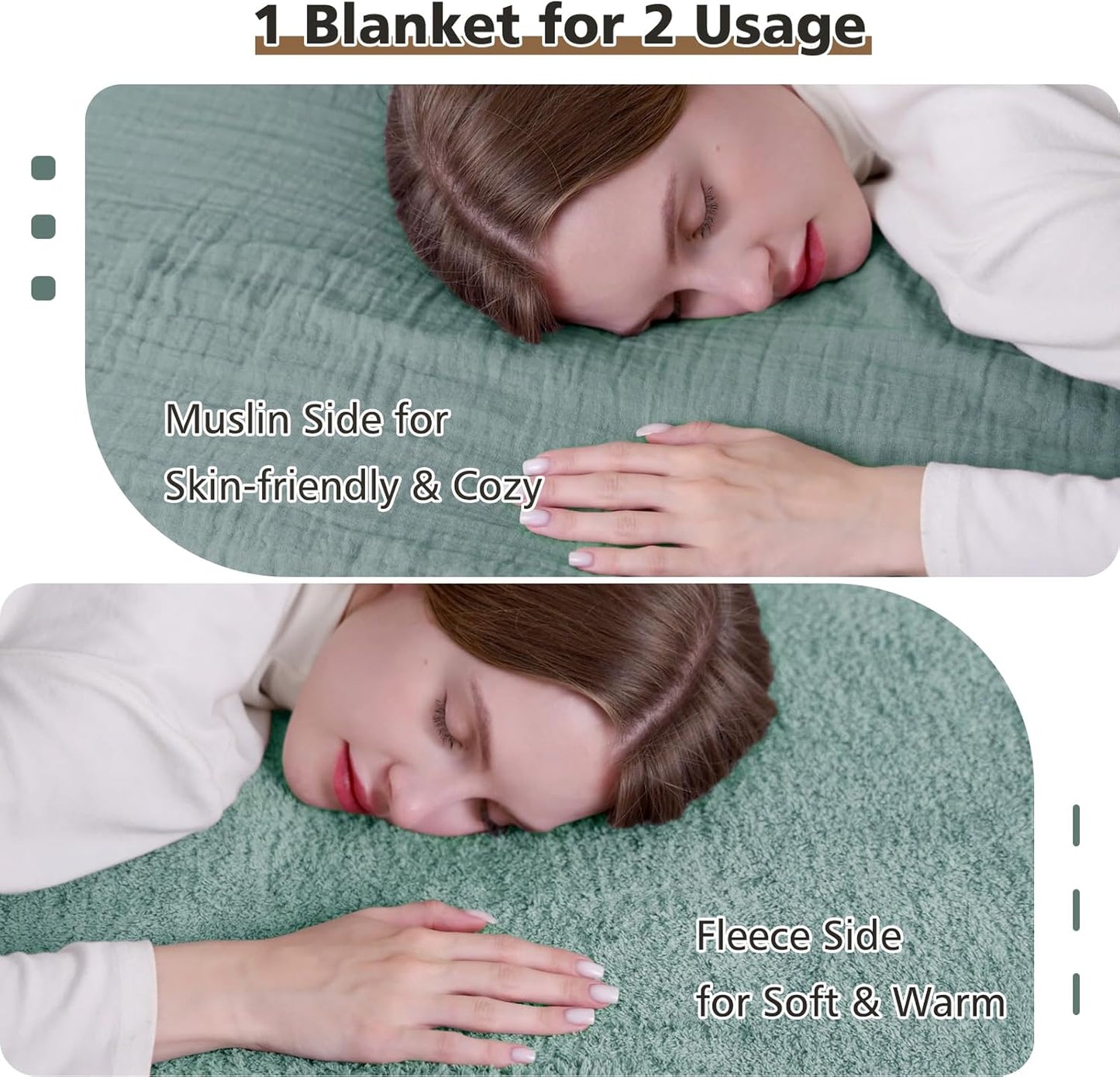 EMME Muslin and Fleece Queen Blanket Reversible - 80"*90" Teal Soft Warm Throw Blankets for Couch Bed Picnic Travel Bed