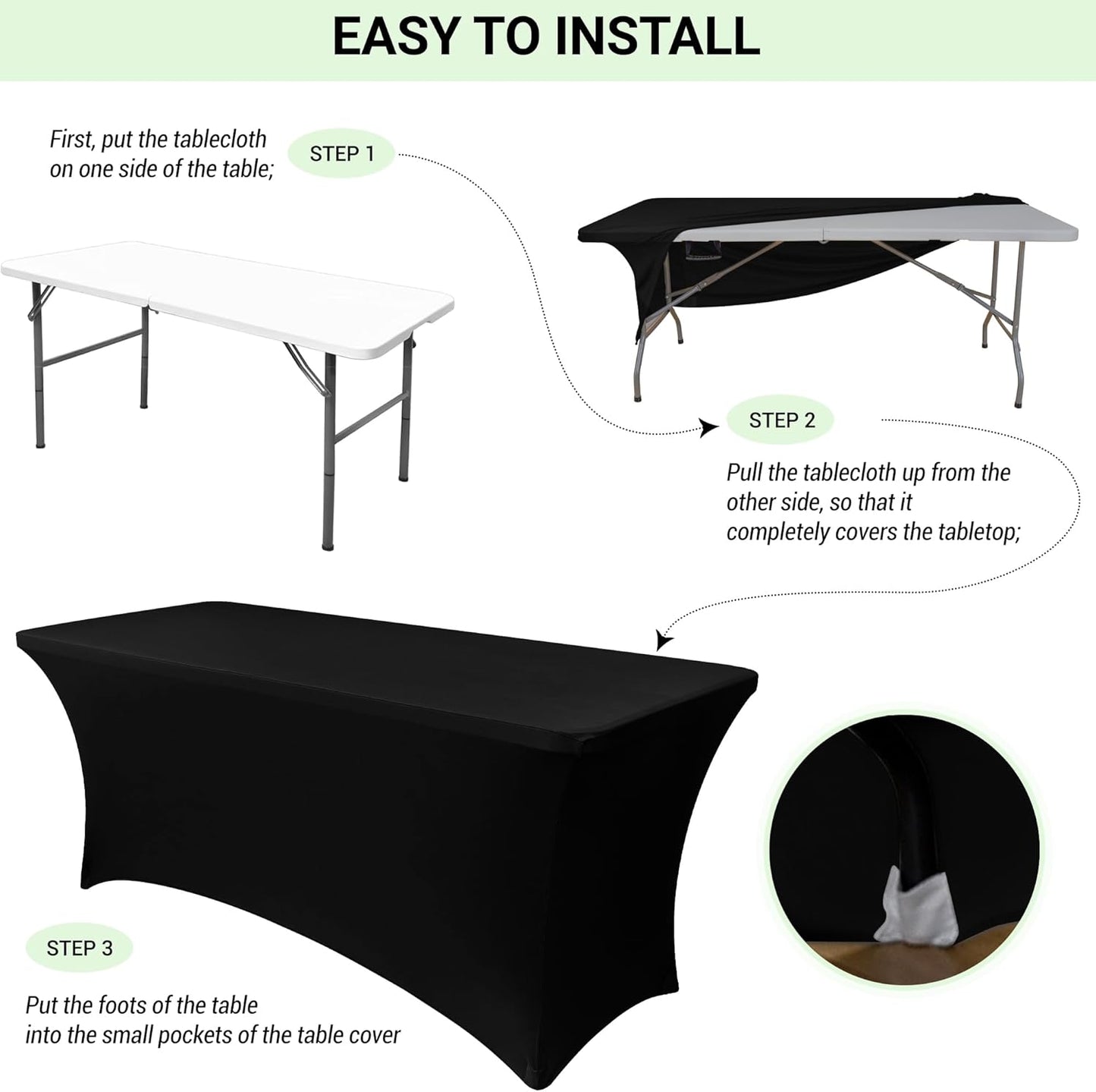 Obstal Spandex Table Cover 6ft Fitted Tablecloth Rectangular - Black Rectangle Folding Table Cloth for Birthday Party Wedding Banquet, 72L x 30W Inch