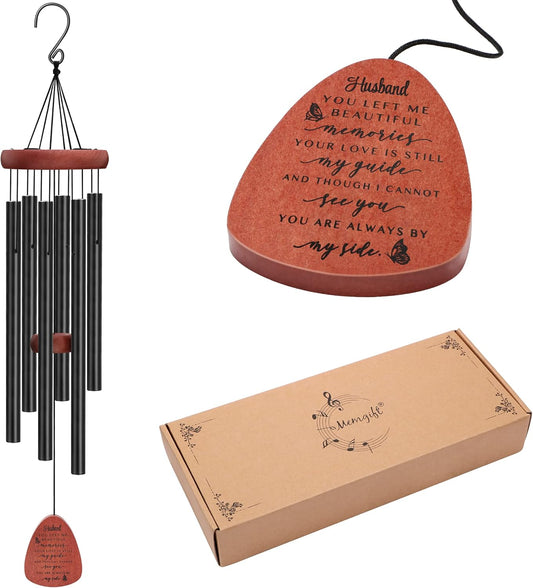 Memgift Memorial Wind Chime for Loss of Husband - Solid Beech Wood Sympathy Gift - Bereavement Wind Chime for Loved One - Outdoor Remembrance for Garden & Patio 32 Inch