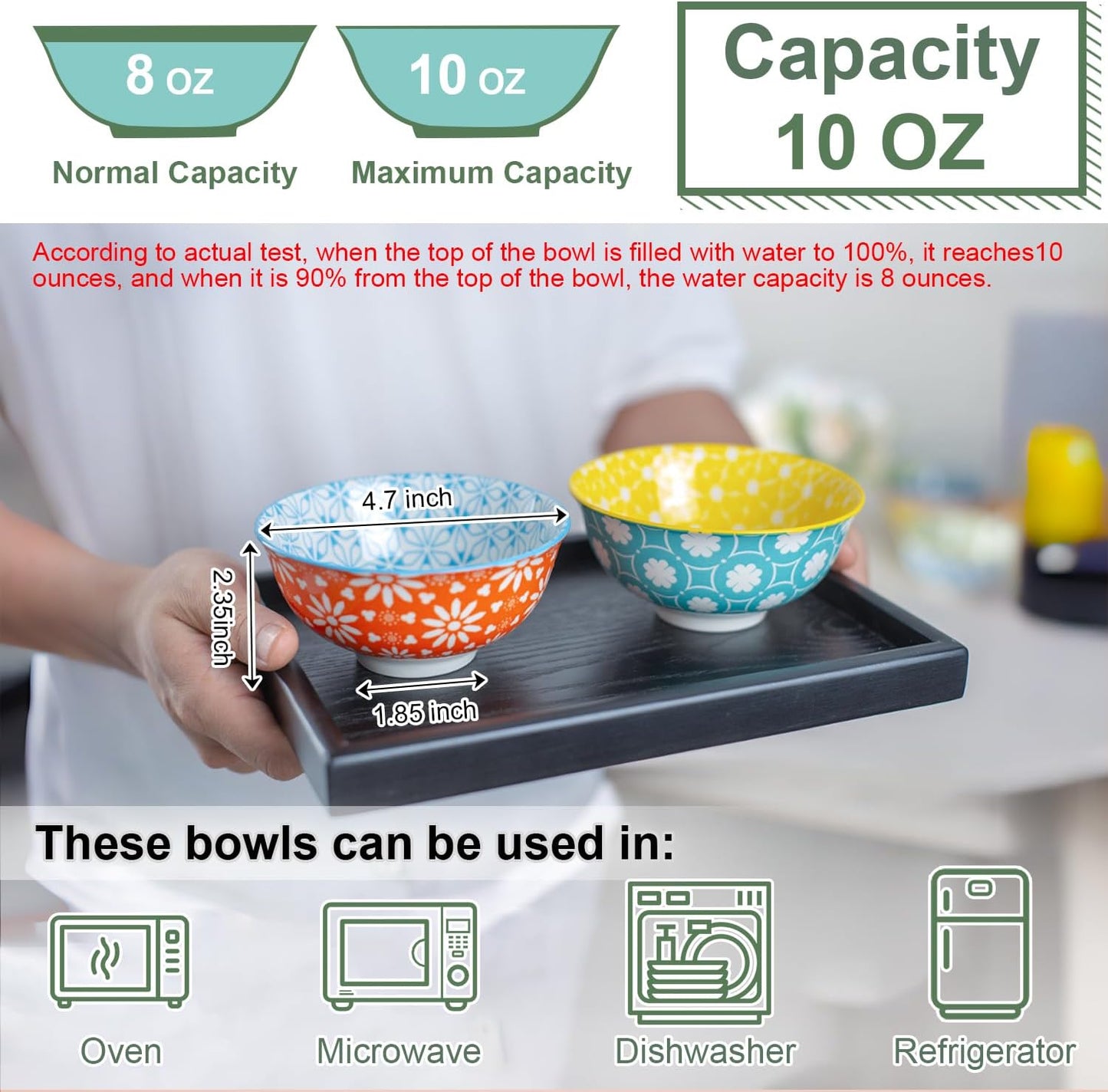 Colorful Ceramic Bowls 10oz, 4.7in small cereal bowl Set of 6 for ice cream, Dessert, Porcelain bowl for Dipping, Sauce, Dishwasher/Microwave safe