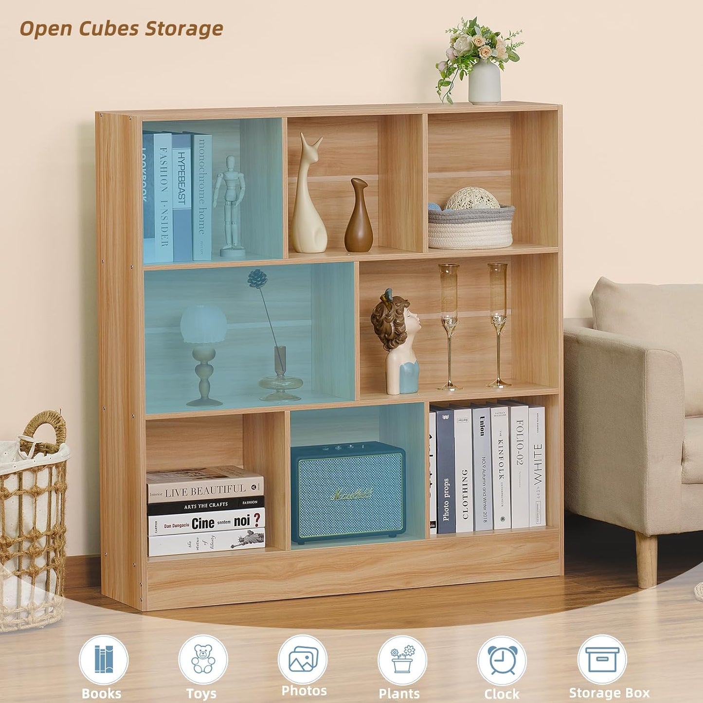 LEYAOYAO 8 Cube Bookshelf with Wood Base,Natural 3 Tier Mid-Century Modern Bookcase,Standing Wide Bookshelves Storage Organizer Shelf,Rustic Display Cabinet Book Shelves for Bedroom,Living Room