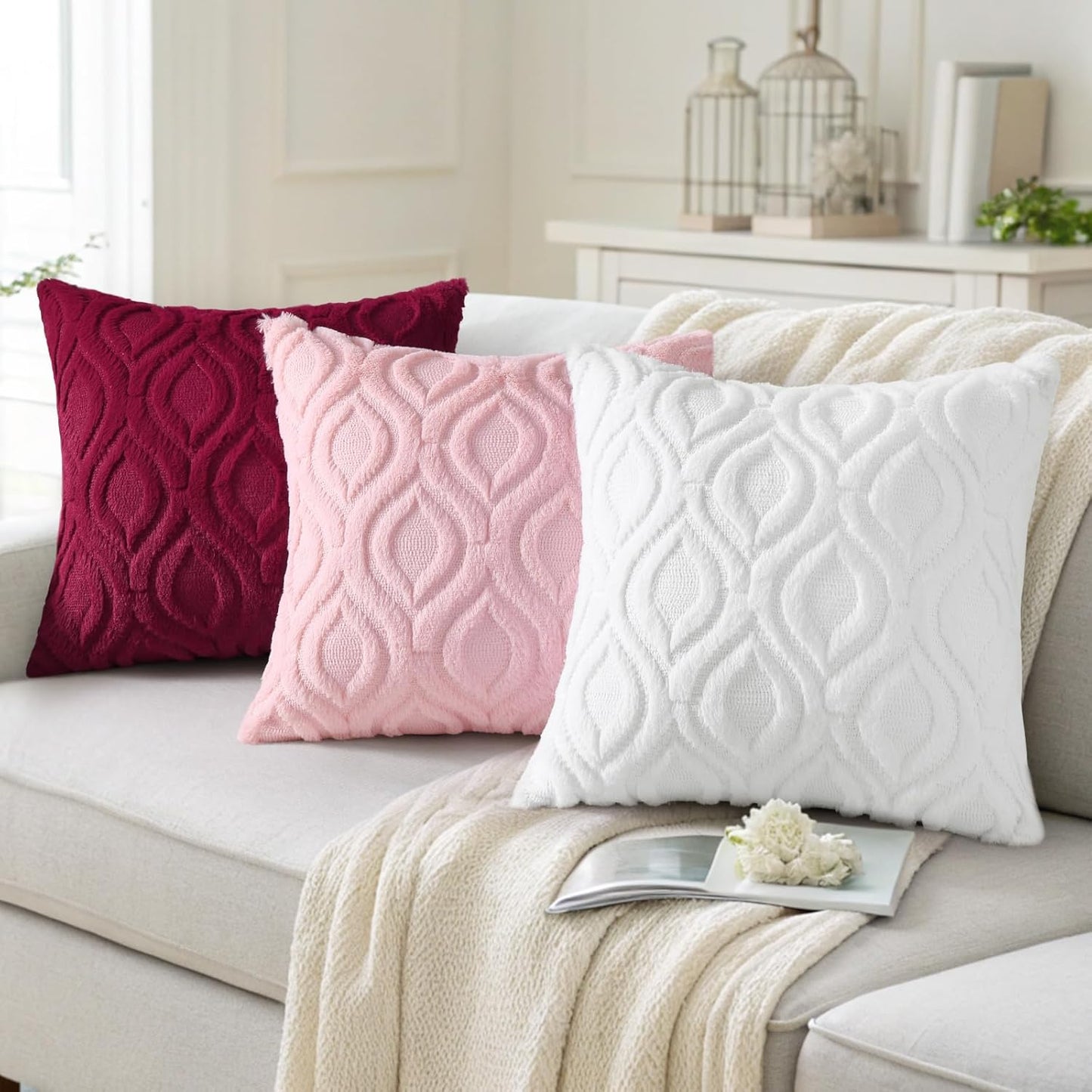 decorUhome Fall Throw Pillow Covers 24x24 Inch Set of 2, Soft Plush Decorative Faux Fur White Solid Couch Pillow Covers, Accent Farmhouse Neutral Square Euro Pillow Cases for Sofa Bed Living Room