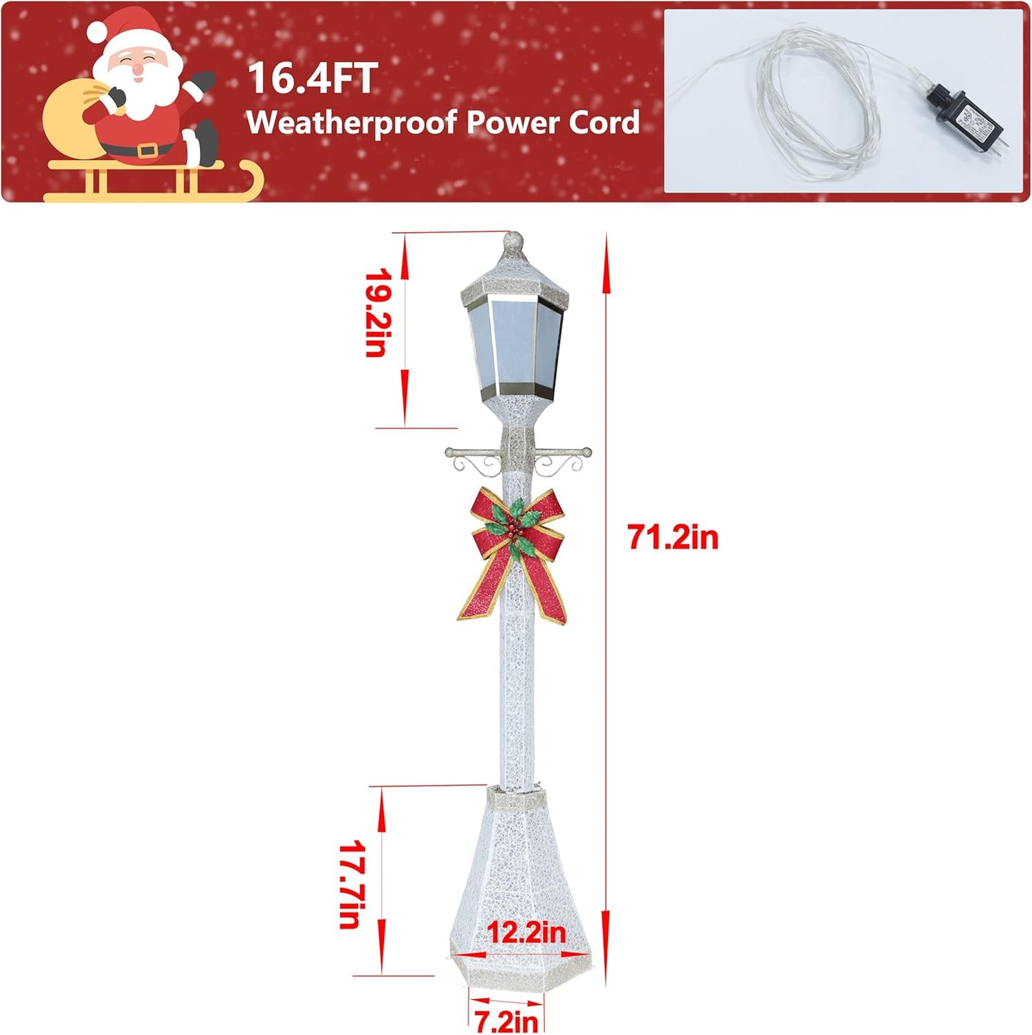 BlueWish 6FT Christmas Decorations Outdoor, Pre-Lit Lighted Xmas Decor with Removable Decorative Bow, Lighted Post Christmas Decoration with Waterproof Lights Cold White for Outdoor and Indoor
