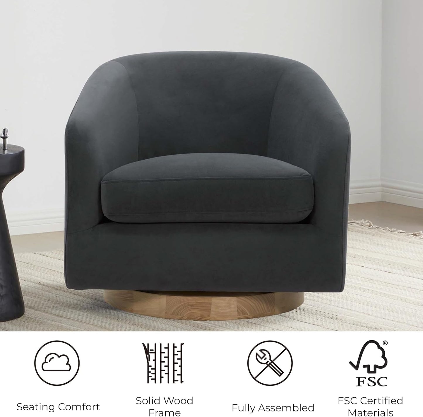 CHITA Swivel Accent Chair, FSC Certified Upholstered Velvet Barrel Chair for Living Room, Fully Assembled, Grey
