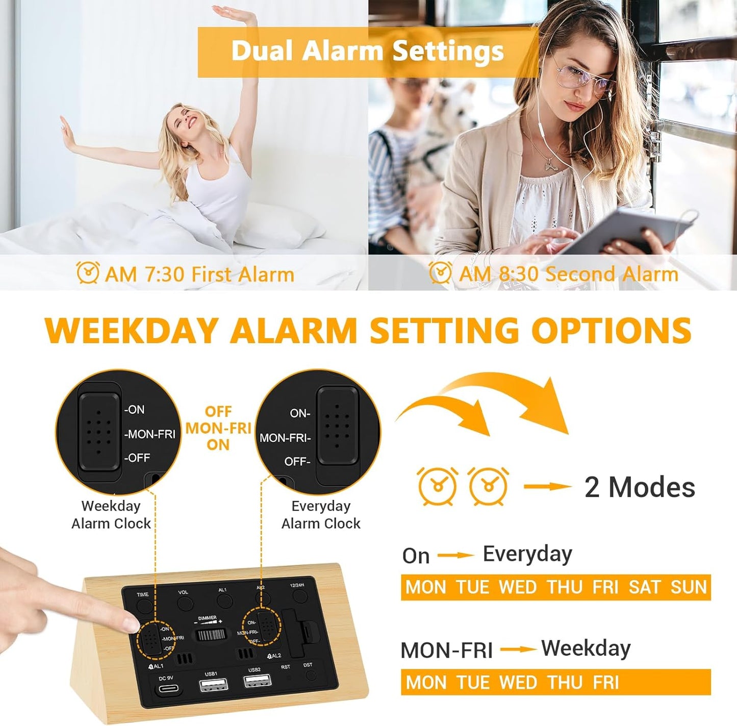 Kogonee Wooden Digital Alarm Clock, 0-100% Dimmer, 2 Alarm Settings, Weekday/Everyday Mode, 9 Mins Snooze, 12/24H, Temperature and Date Display for Office, Travel, Bedroom Alarm Clock (Bamboo)