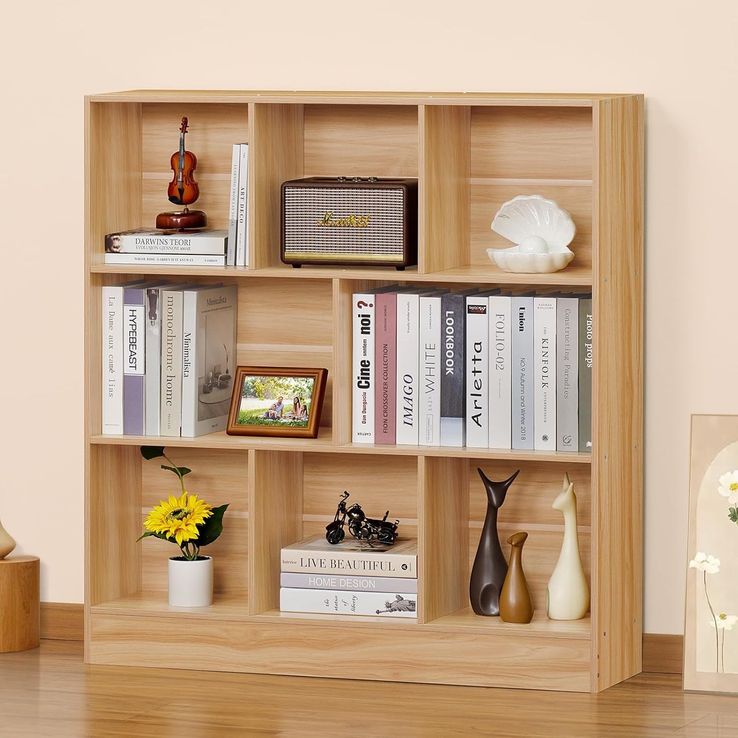 LEYAOYAO 8 Cube Bookshelf with Wood Base,Natural 3 Tier Mid-Century Modern Bookcase,Standing Wide Bookshelves Storage Organizer Shelf,Rustic Display Cabinet Book Shelves for Bedroom,Living Room