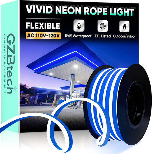 GZBtech Flexible LED Neon Rope Lights 16.4FT,AC 110-120V Waterproof Neon Strip Light, 120LEDs/M Cuttable Connectable Rope Lighting for Indoor Outdoor Home Decor/Commercial Building Use-Blue 5M