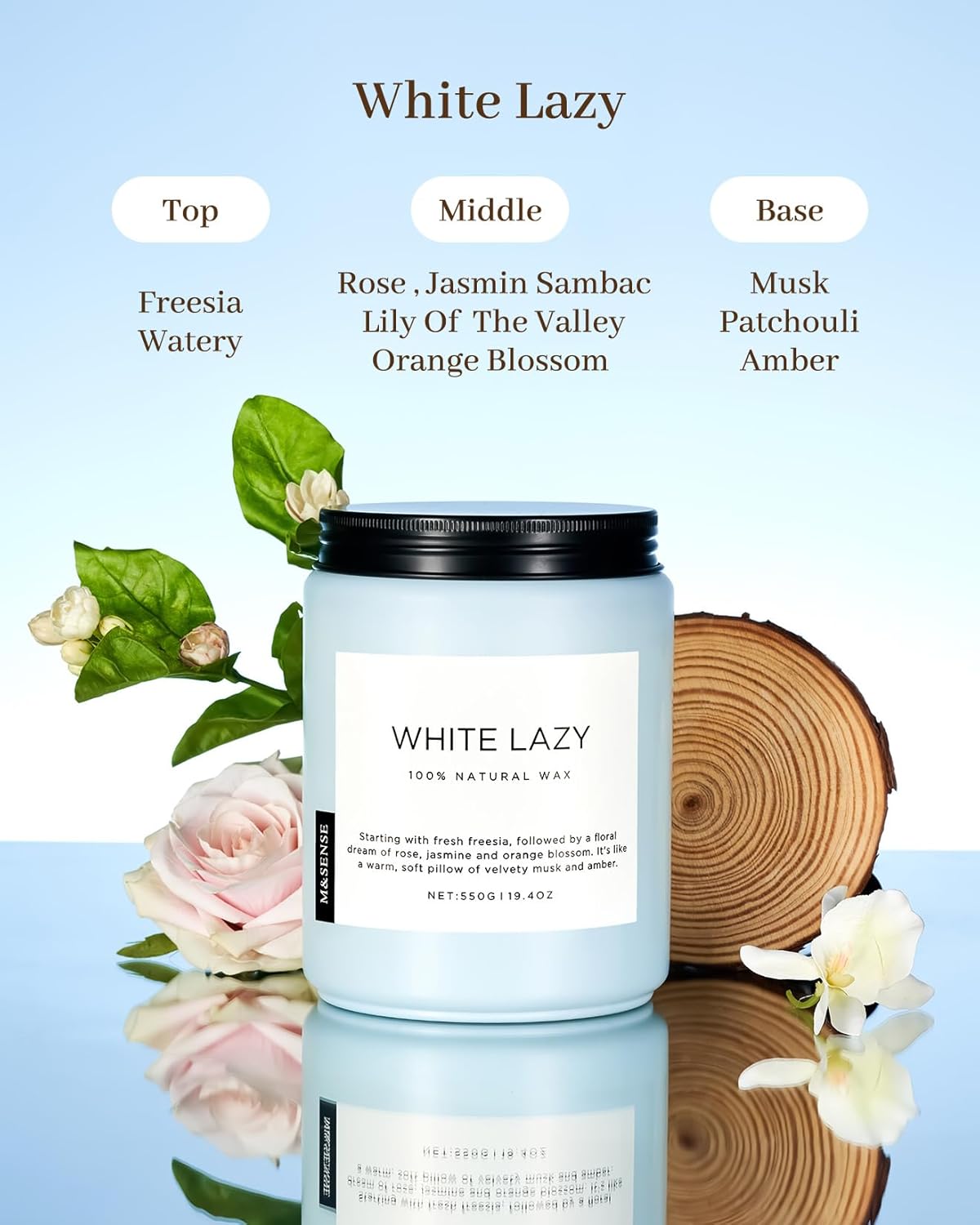 M&SENSE Spring Scented Candle, Jasmine Clean Cotton Soy Wax Large 19.4oz 110 Hour Long Lasting Burning Non Toxic Organic Natural 2 Wick Relaxing Jar Candle for Women