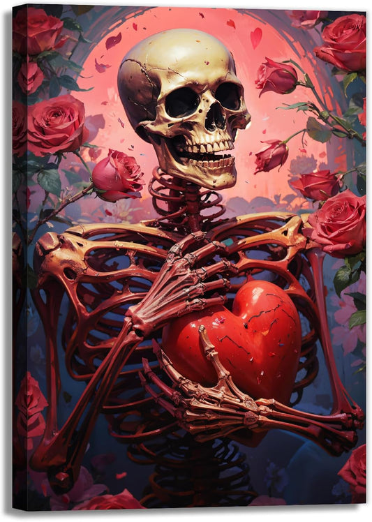 OAAPITI Skull Skeleton Canvas Wall Art Skull Holding Heart Picture Print Romantic Theme Painting Artwork Gothic Poster Wall Decor Living Room Halloween Decor(Artwork-1,16"x24")