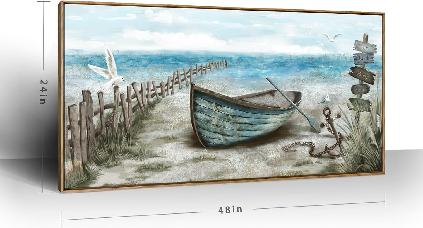 Large Framed Wall Art for Living Room Coastal Canvas Picture Seagull Vintage Boat Artwork Ocean Sea Bird Canvas Print Nautical Rowboat Blue Teal Rustic Beach Themed Farmhouse Bedroom Office Decor