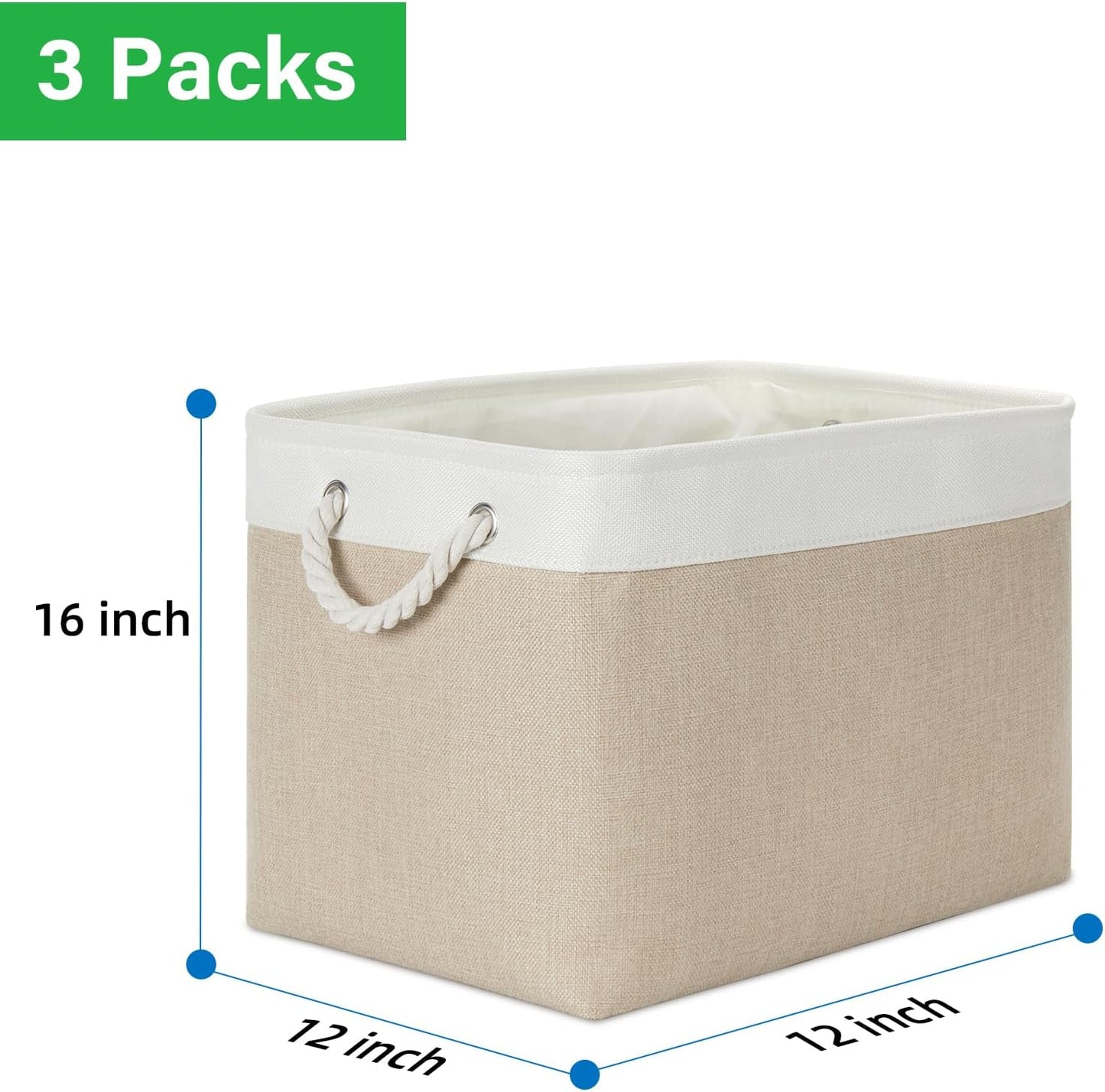 Bidtakay Large Storage Baskets for Organizing Fabric Closet Organizers Storage Bins with Handles 3-Pack 16x11.8x11.8 Inch Collapsible Baskets for Shelves Clothes Home Organization L-White&Beige