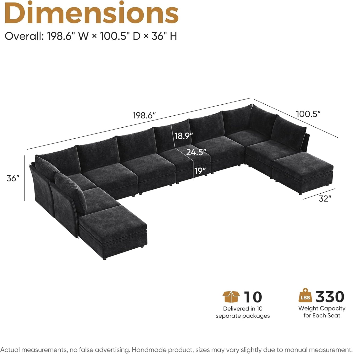 198.6" Oversized Modular Sectional Sofa, U Shaped Convertible Couch with Movable Ottoman, Large 10 Seats Corner Couches for Living Room Deep Seat Black Chenille