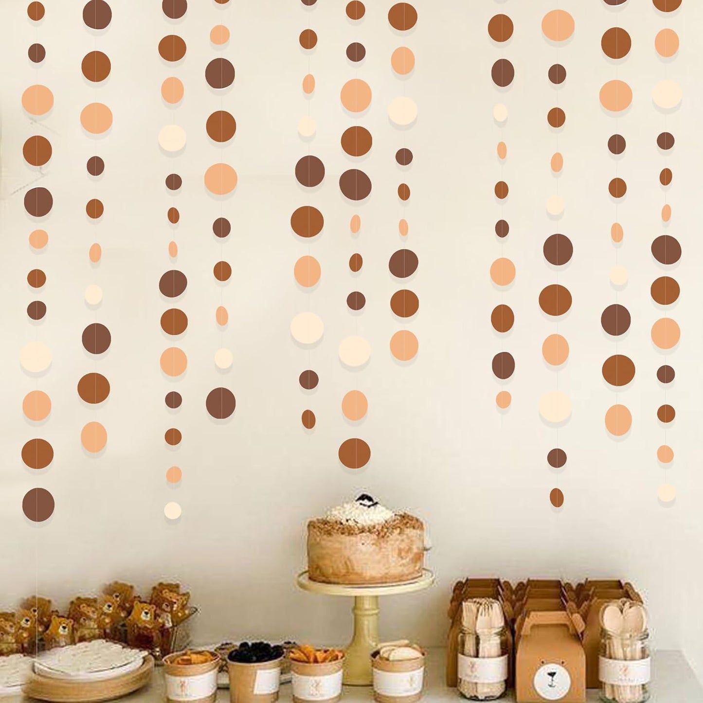 Ombre Brown Party Decorations Polka Dots Garlands Cream Tan Brown Boho Hanging Paper Circle Dots Streamer for Neutral Rustic Cowboy Western Teddy Bear Birthday Baby Shower Wedding Woodland Party Decor