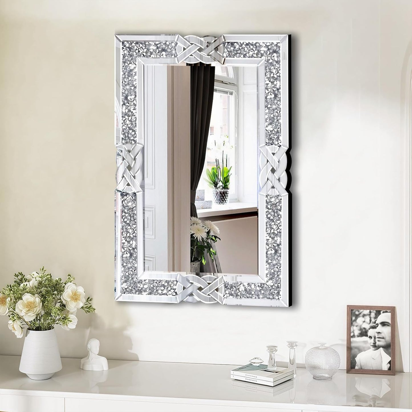 Crushed Diamond Decorative Wall Mirrors, 24x36 Inch Rectangle Living Room Mirrors for Wall Decor, Modern Glam Bathroom Dining Room Entryway Mirror Silver