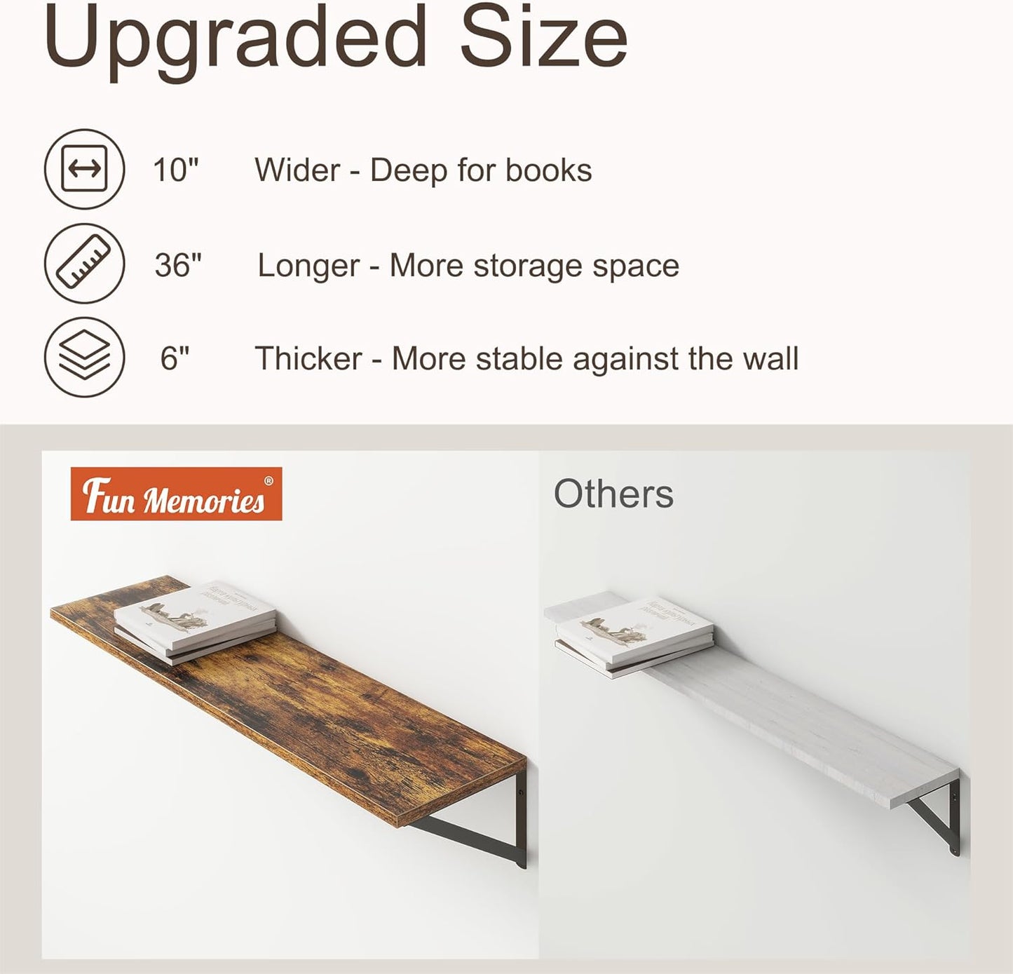 36"W x 10"D Floating Shelves, 10 Inch Deep Floating Shelves, Farmhouse Rustic Deep Wall Shelves for Home Decor, Wide Large Floating Shelf for Bathroom, Living Room, Kitchen, Study Room, Rustic Brown