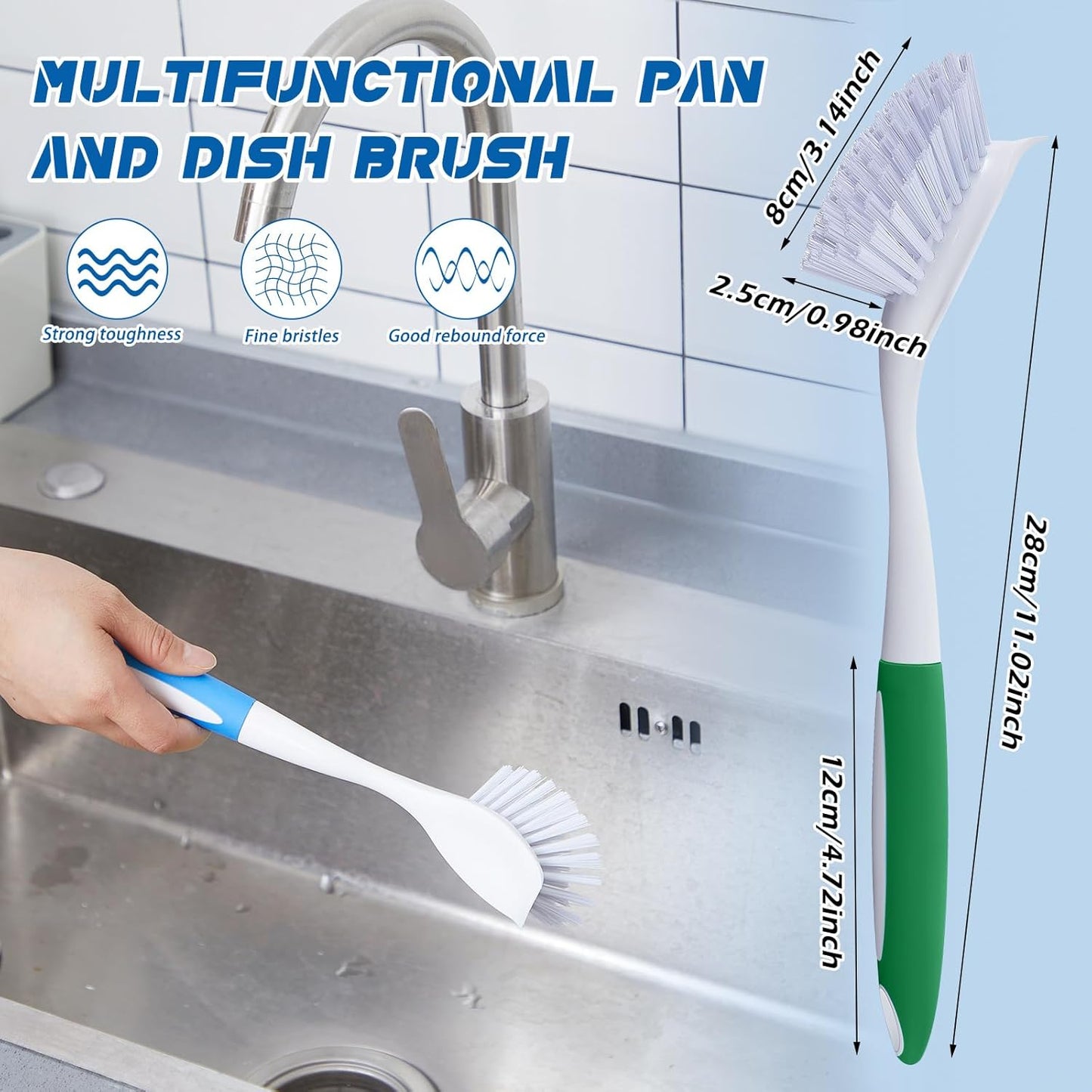 Hsei 6 Pcs Blue and Green Kitchen Scrub Dish Brush Bulk with 11 Inch Anti Slip Handle Cleaning Dish Scrubber with Stiff Bristles Washing Scrub Brushes for Housekeeping for Pots and Pans, Kitchen Sink