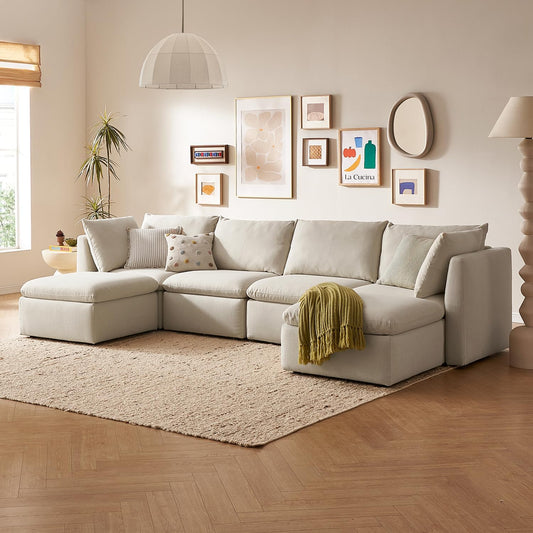 mopio Oversized Modular Sectional Sofa with Fully Removable Covers and Storage, Convertible U, L-Shaped and Sleeper Sectional, Modern Couches with Ottoman Chaise (Oat Fabric, 6 Seats, U)