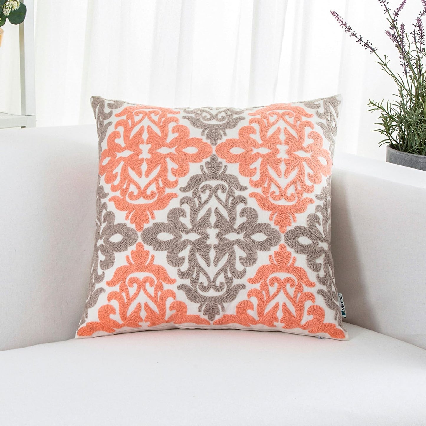 HWY 50 Coral Pink Decorative Throw Pillow Covers 18x18 Inch (1 Piece), Embroidered Cotton Farmhouse Cushion Cover Pillow Case for Sofa Couch Living Room Bed Bedroon, Floral Geometric