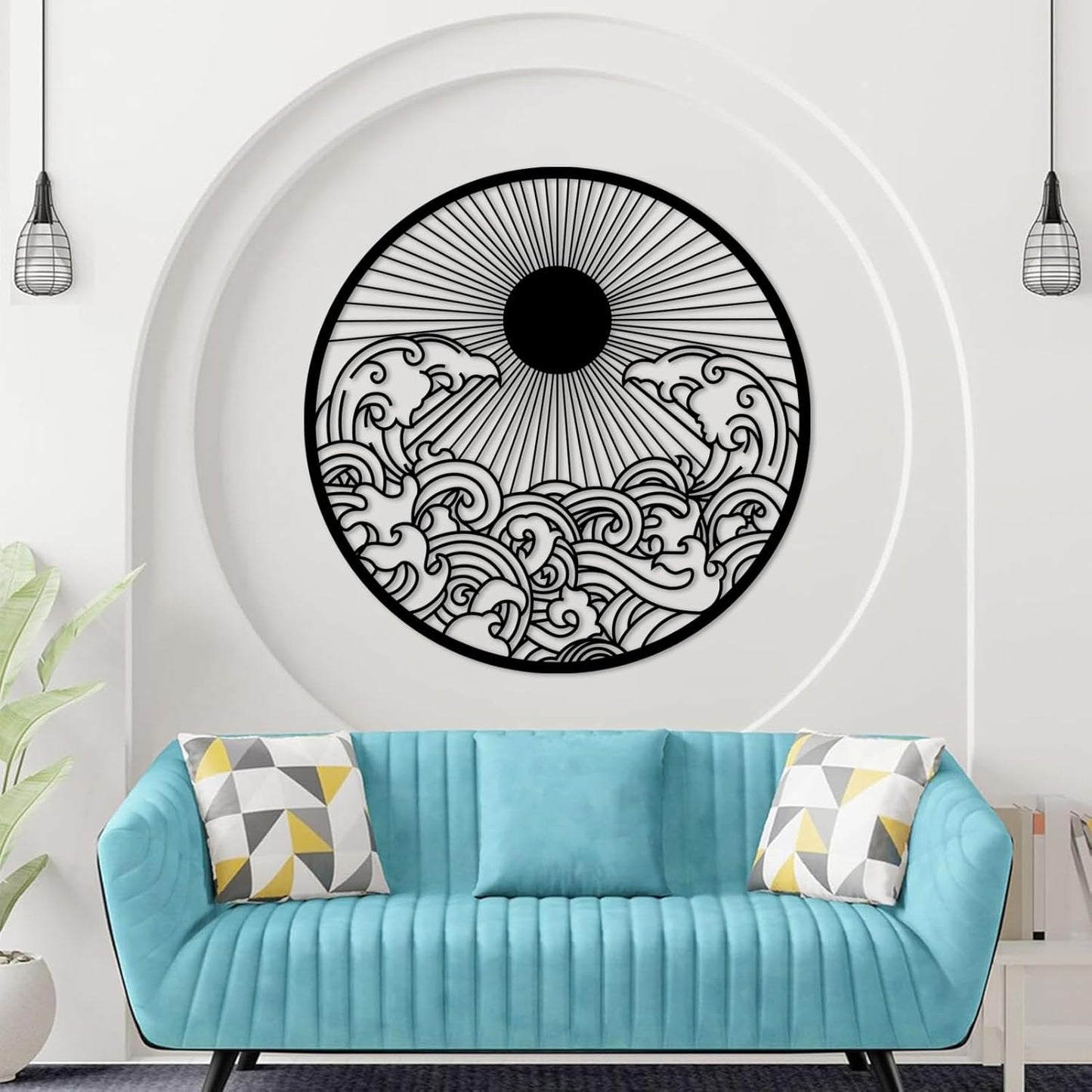 flyoak Metal Sun Wall Decor Outdoor, Sunrise Metal Wall Art, Metal Wave Wall Art, Sunrise and Wave Wall Decor, Sunburst Wall Art, Sunset Wall Art, Wall Hangings for Bedroom (Gold, 39x39in|100x100cm)