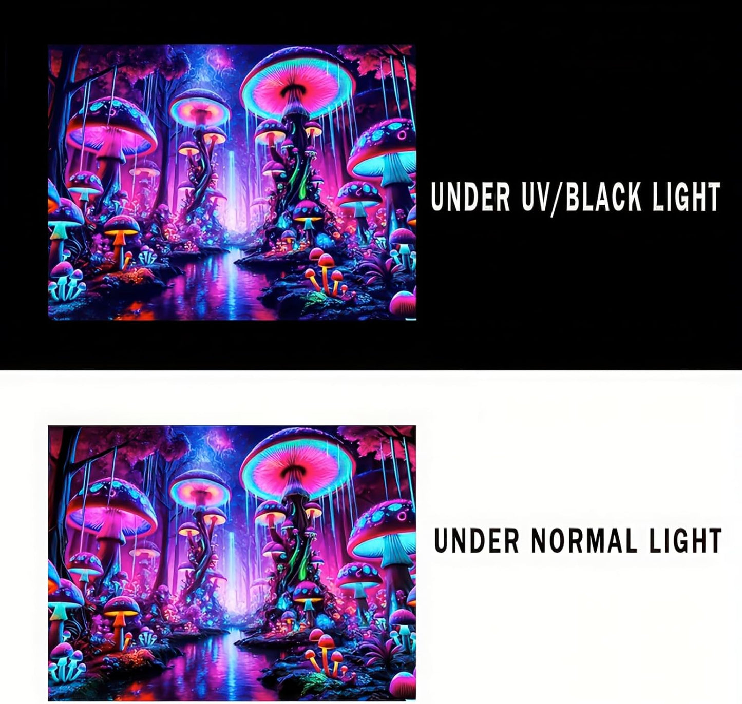 BlissYard Blacklight Tapestry UV Reactive Mushroom Tapestries Fantasy Mountain Forest Landscape Tapestry Mysterious Jungle Moon Night Neon Flower Wall Hanging Glow in the Dark Backdrop 59" x 80"