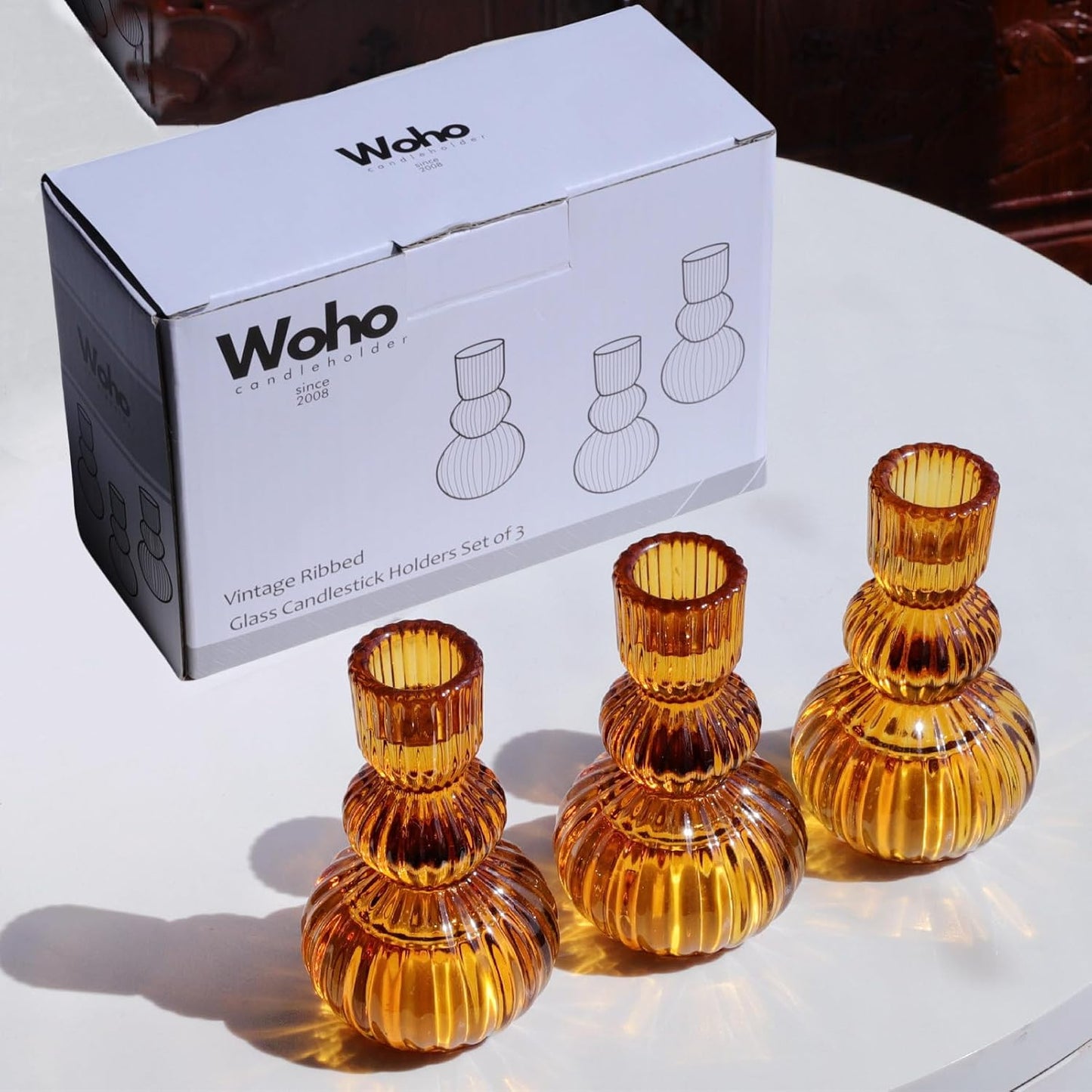 Woho Amber Taper Candle Holders 4.3" H for Halloween/Thanksgiving Decorations, Set of 3 Ribbed Glass Candlestick Holders Vintage for Fall Wedding, Boho Candle Sticks Holder Decor for Dining Table
