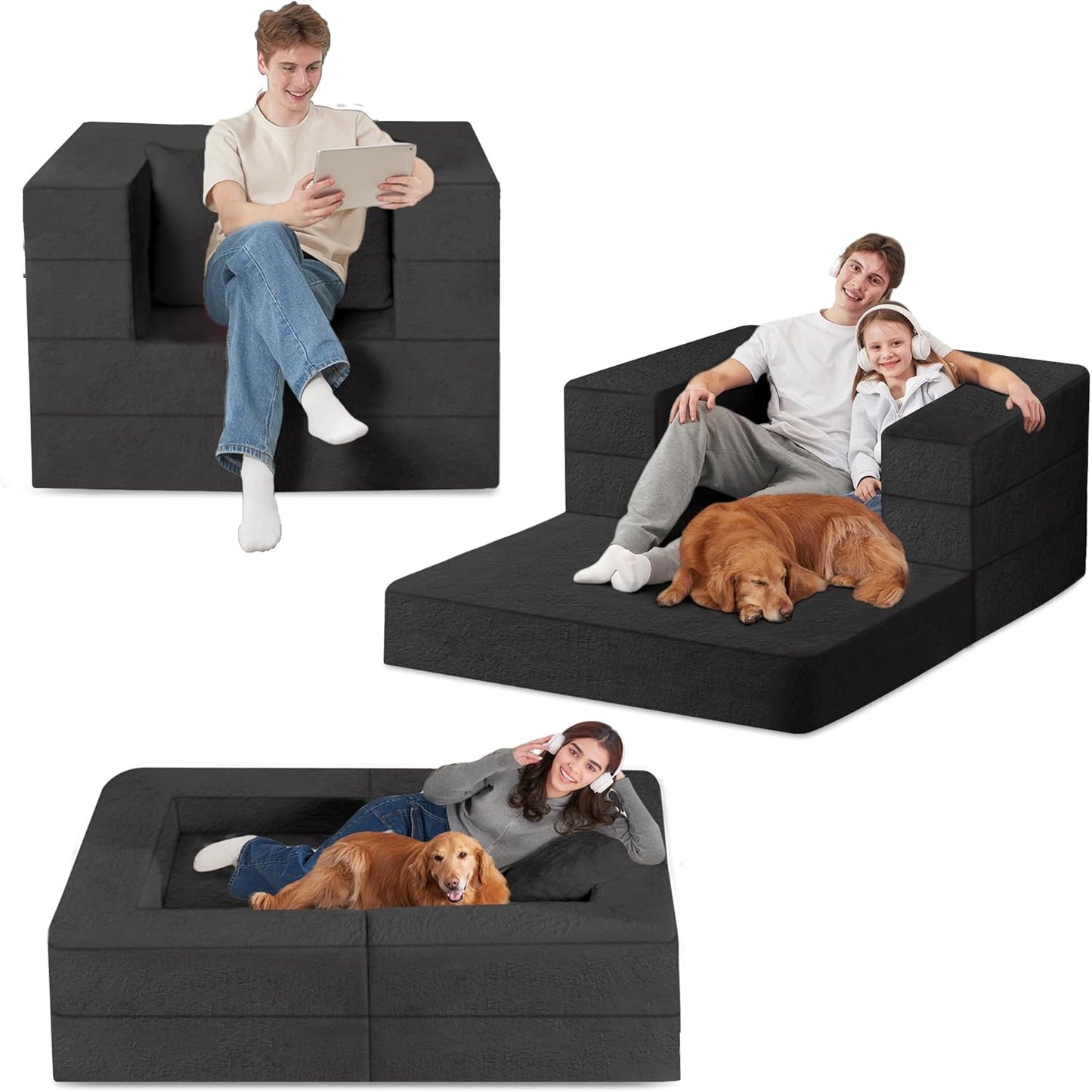 Folding Bean Bag Chair for Adults,3-in-1 Bean Bag Couch Faux Fur Floor Sofa Large Beanbag Convertible Bean Bag Sofa Bed with Pillow in Bedroom,Living Room,Apartment(Twin,Black)