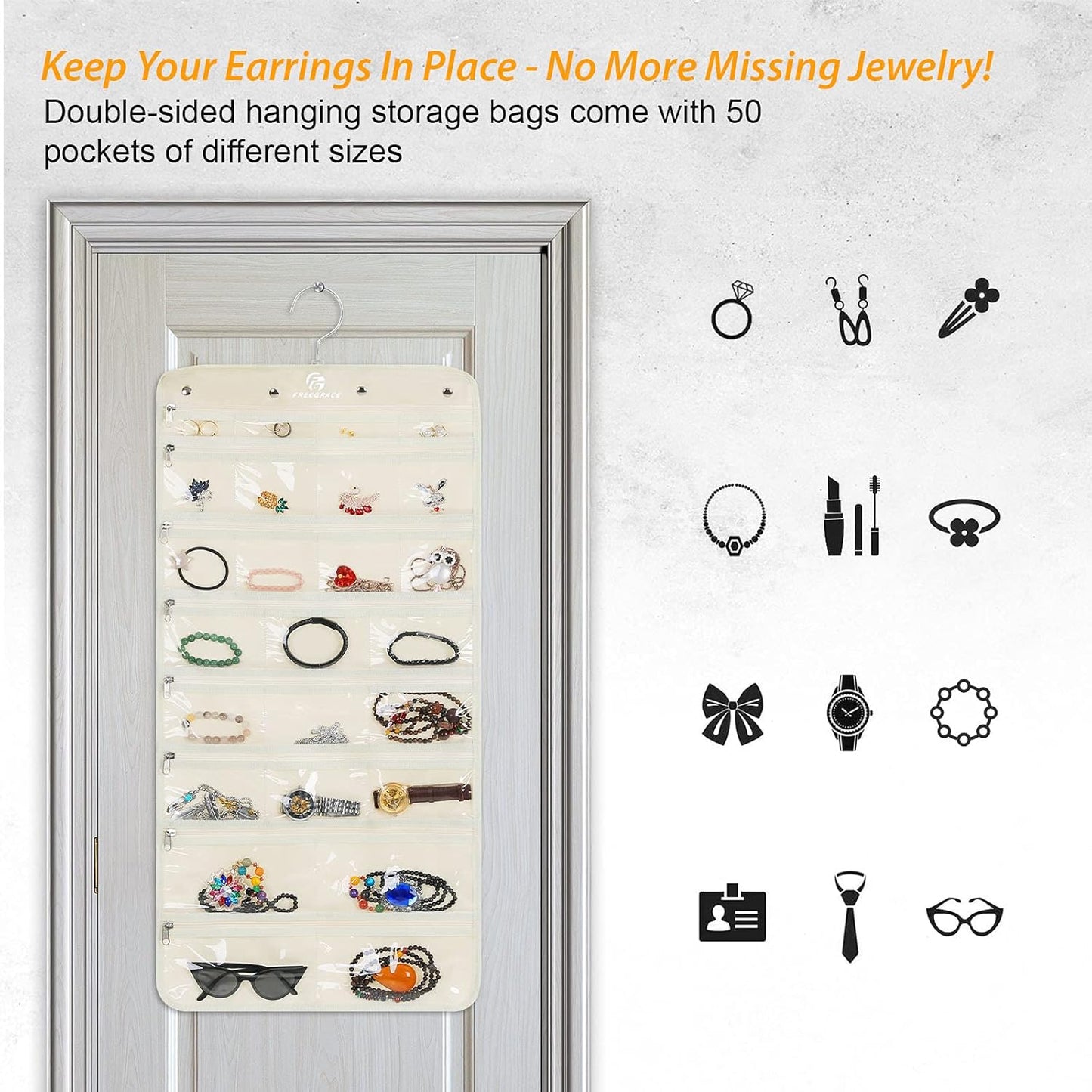 Freegrace Hanging Jewelry Organizer Revolving Hanger - Secure Zipper Closure - 50 Pockets - Foldable Storage & Display Solution - For All Jewelry & Bijoux (Beige)