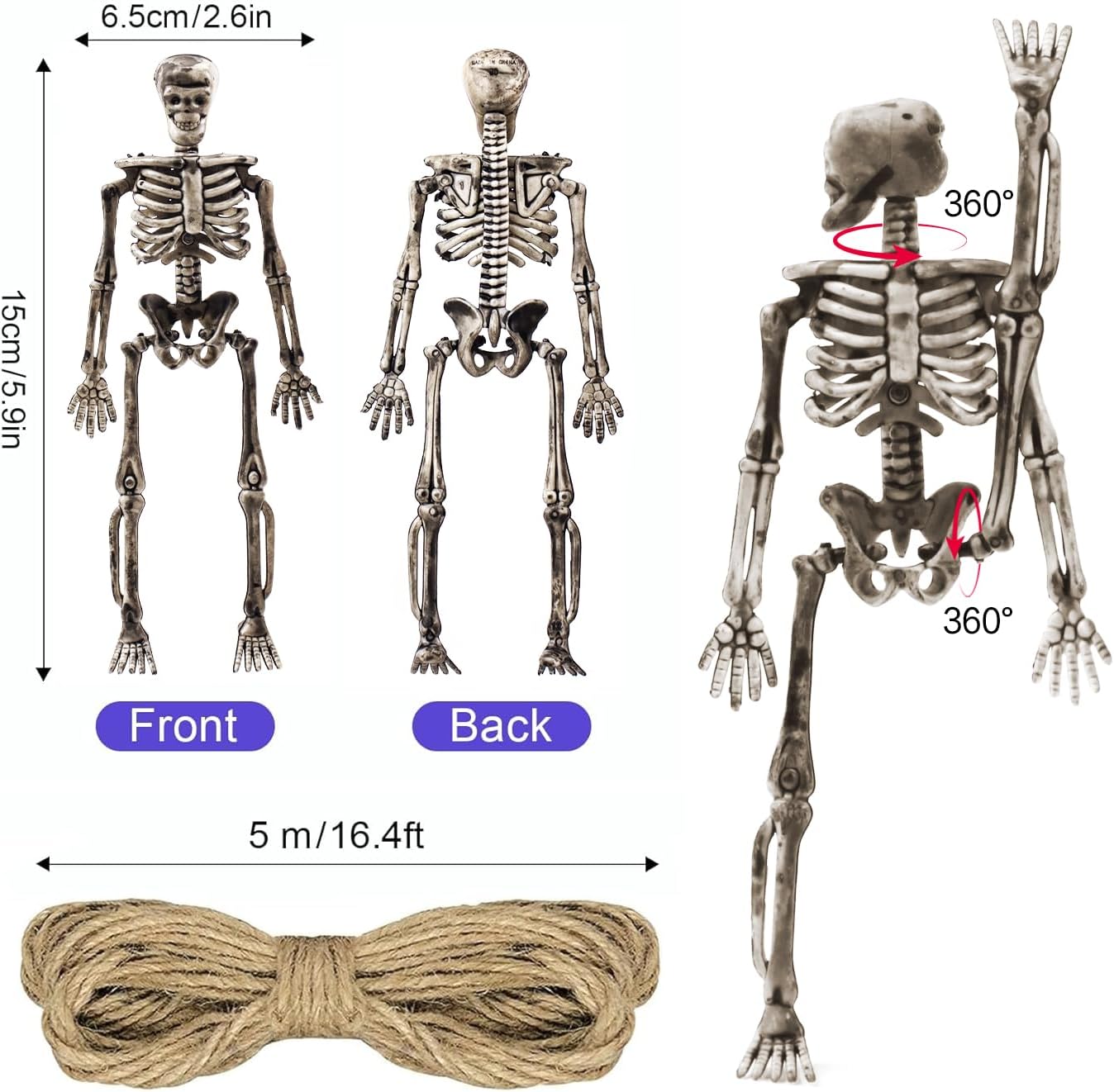 10 Pcs mini skeleton halloween decoration With hemp rope，6”small plastic posable halloween tiny skeleton figurines decor for Halloween Indoor Outdoor Graveyard Decor Haunted House Party Favors