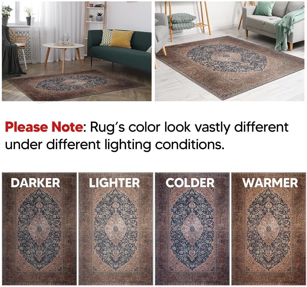 Keen Home Design 8x10 Rug - Machine Washable Area Rug with Non-Slip Backing, Ideal for Living Room, Dining Room, Bedroom - Vintage, Easy Clean, Durable, Low Pile Rug - (8' x 10')