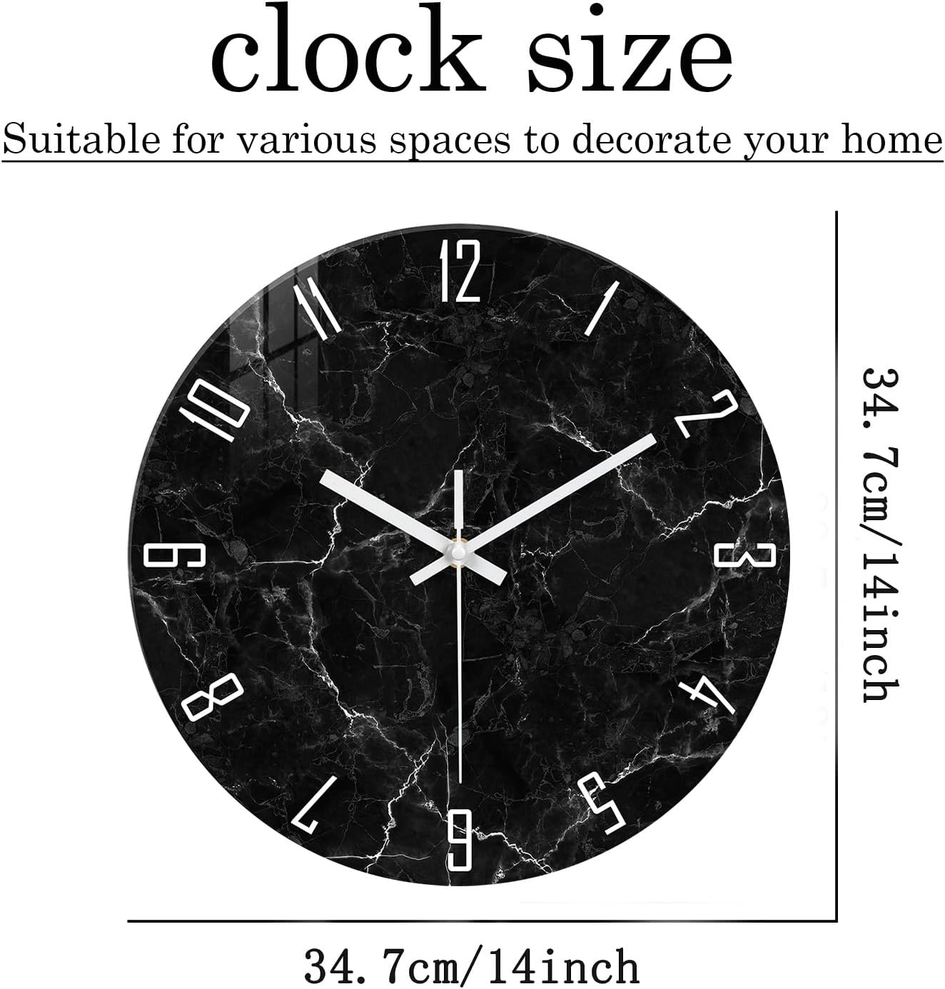 Black Wall Clock for Bedroom Glass Modren Wall Clock Battery Operated 14 Inch Analog Wall Clock Non Ticking