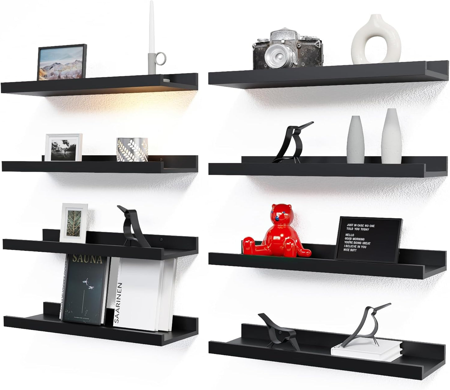 RICHER HOUSE Floating Wall Mounted Shelves, 8pc Set with Lip - Black Nursery Book Shelves for Bedroom, Bathroom, Kitchen Decor Storage