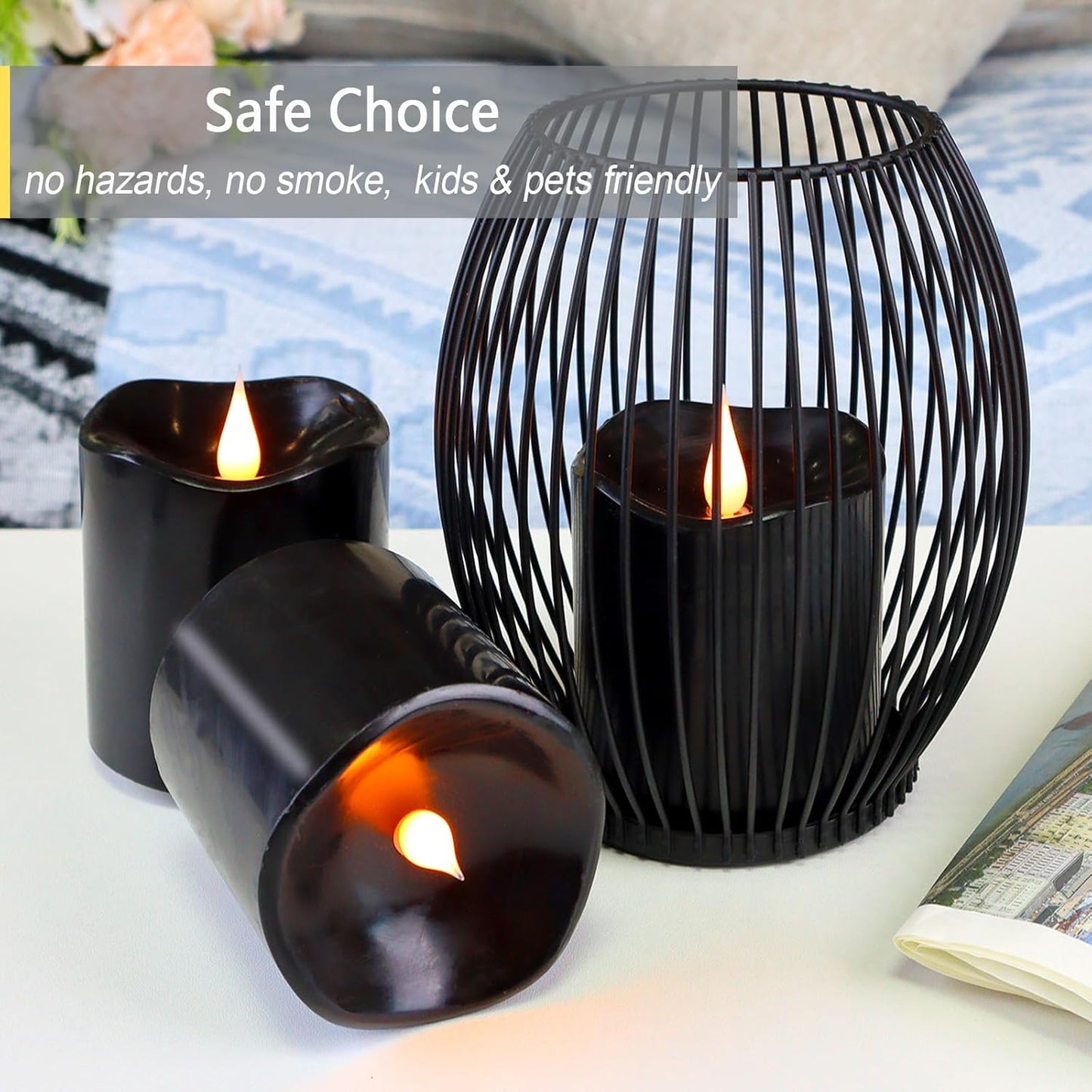 Black Flameless LED Candles, Halloween Candles Battery Operated with Remote Timer, 3D Moving Flame Flickering Last 600+ Hours, 3" x 3" Real Wax Electric Candle for Gothic Home Decor