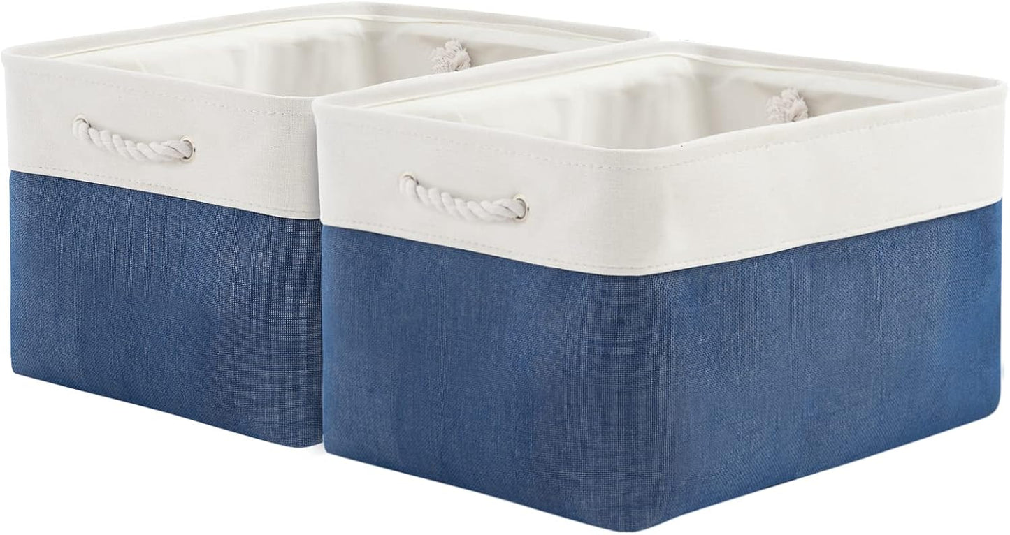 Organization and Storage Bins for Shelves - 2 Pack 17X15X12 inch Canvas Storage Cubes Collapsible Baskets for Organizing with Handles, Storage Box for Cloth Decorative (White & Blue)