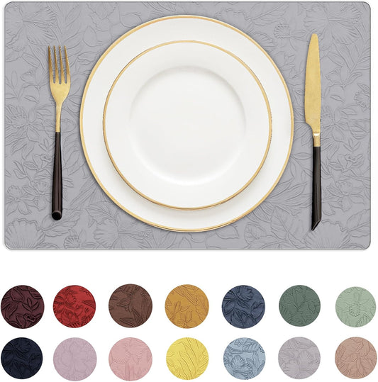 Romanstile Vinyl Placemats Set of 4-12 X 18 Inch - Heat Resistant Non-Slip Embossed Floral Place Mats 100% Waterproof Oilproof Wipeable Faux Leather Table Mats for Kitchen/Dining/Party, Grey
