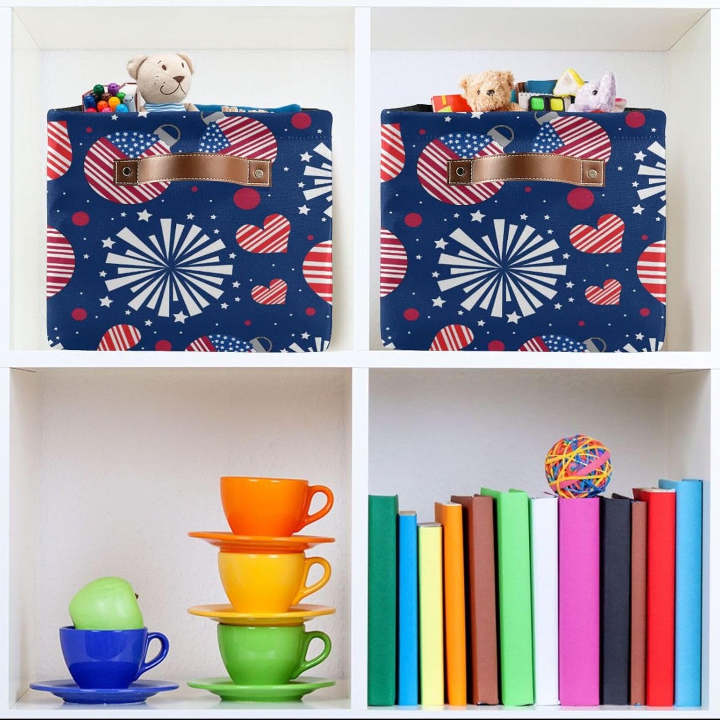 susiyo Fourth of July Basket American Independence Day Storage Box July 4th, American Flag with Hearts Fabric Storage Basket Organizer Bag with Handles