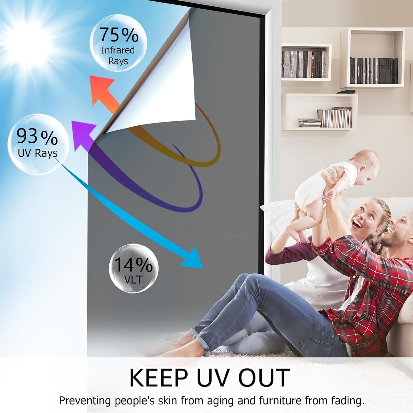 HIDBEA One Way Privacy Window Film, Daytime Privacy Sun Blocking Anti UV Reflective Window Film Heat Control Static Cling Window Tint Film for Home and Office, Black Silver, 41.3 x 78.7 Inch