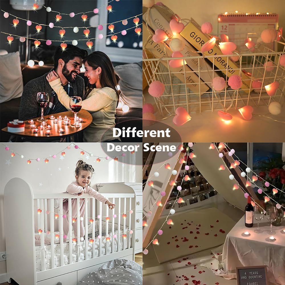 9.85Ft String Lights with 20 Pink Heart LEDs 20 Pink Pom Poms Garland Lights with Timer Valentine Decoration for Home Kid Bedroom Mother's Day Wedding Party Valentine's Day Decor