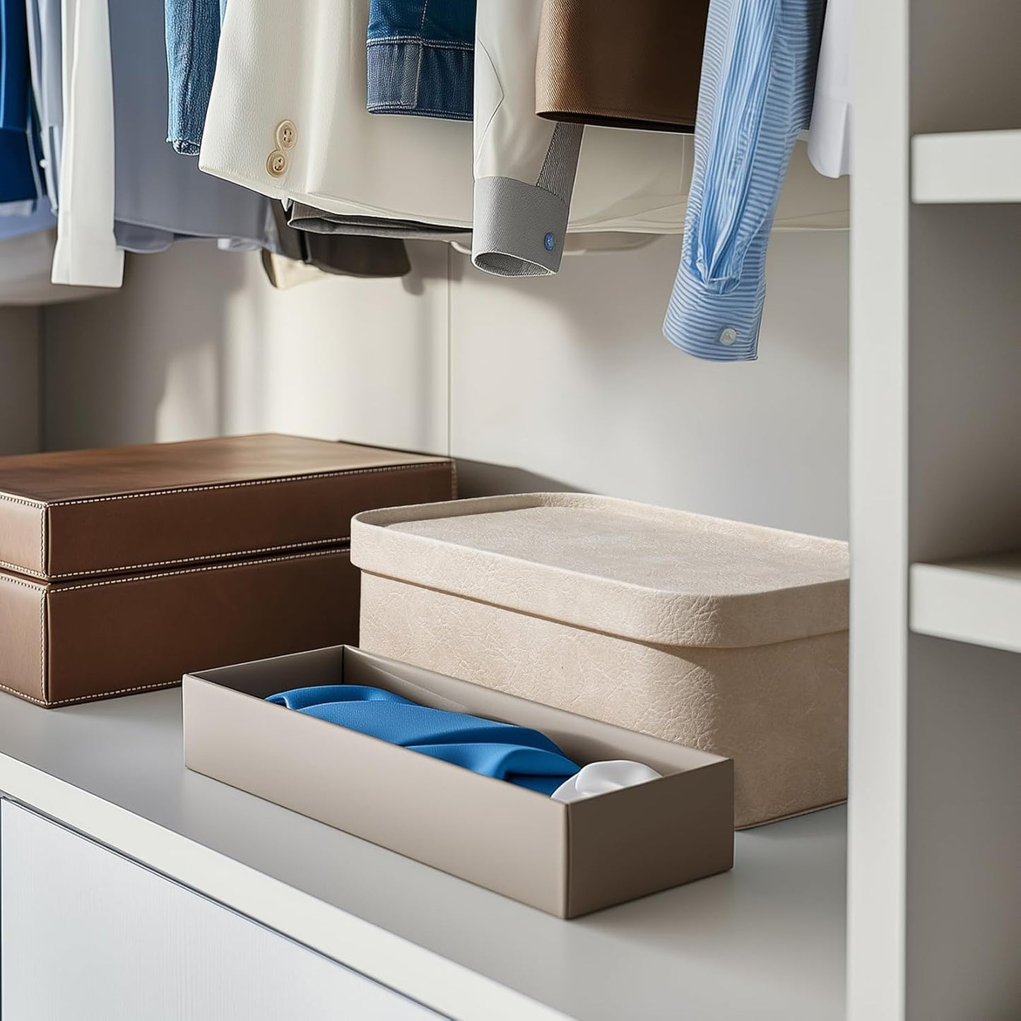 La Jolie Maison Vegan Leather Storage Boxes with Lids, Set of 3 Decorative Storage Containers Organize Stackable Storage Box, Beige