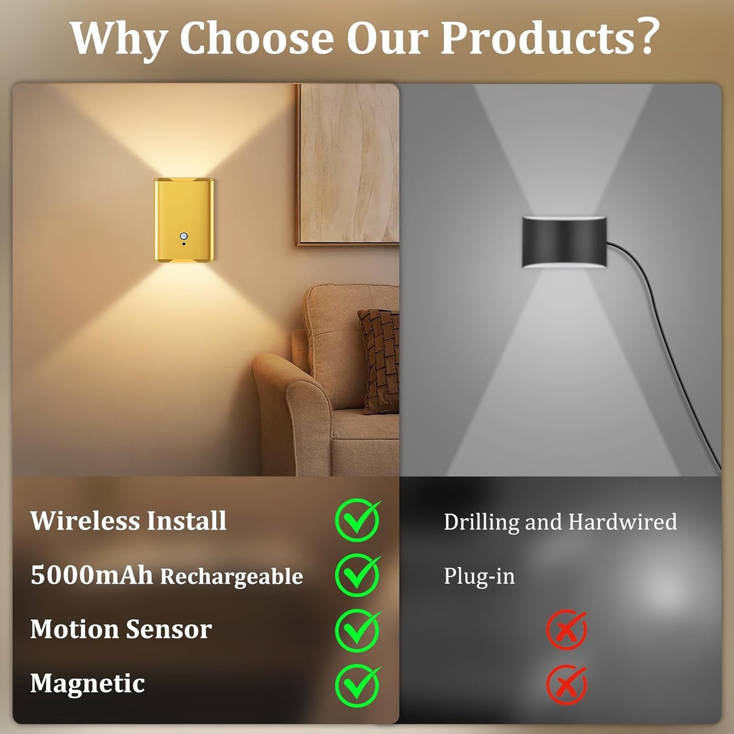 Battery Operated Wall Sconce Light: 5000mAh Rechargeable Motion Sensor Night Light 3 Colors Wireless Sconce Magnetic Closet Lights Motion Sensor Stair Light Indoor LED Wall Light for Bedroom Hallway