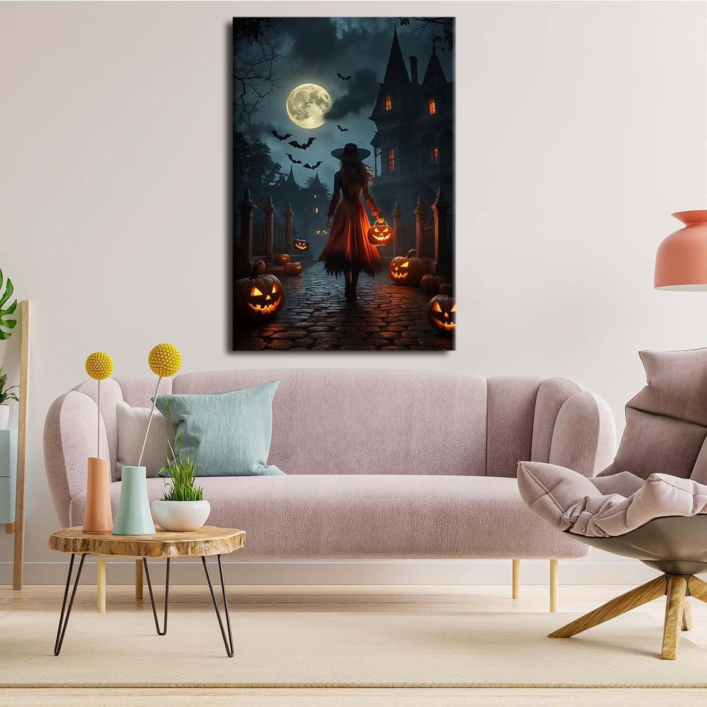 JFHCQJPK Halloween theme poster moonlit autumn night witch vintage poster art print dark college style gothic painting canvas wall decoration bedroom living room ideal gift32x48in Frameless