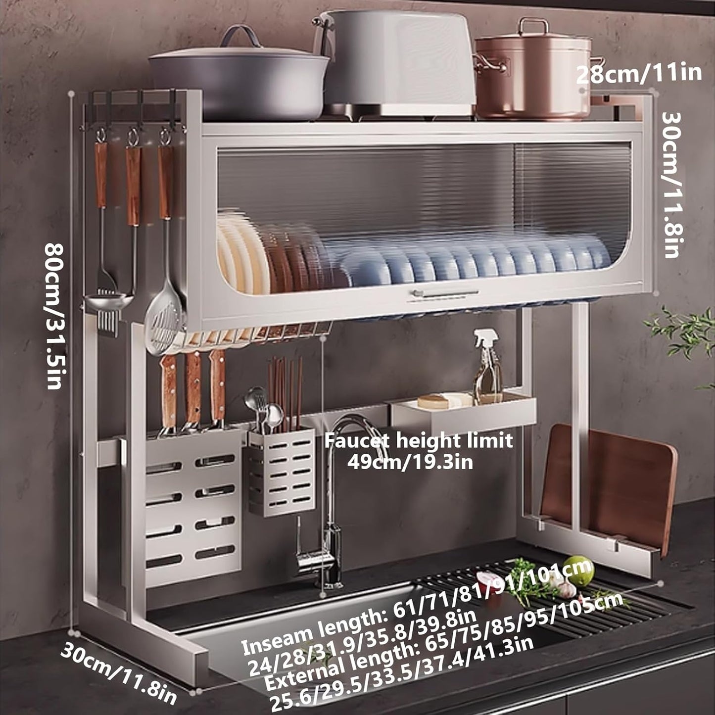 Home Furnishing Dish Rack Over Sink Stainless Steel Over The Sink Dish Drainer Drying Rack Space Kitchen Sink Rack Multifunctional countertop Dish Storage Rack Sink(White,105cm/41.3in)